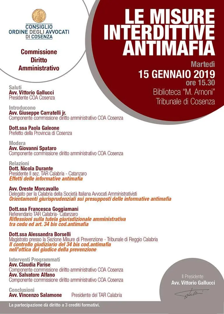 Interdittive antimafia, convegno a Cosenza tra avvocati e magistrati