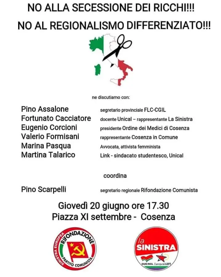 Regionalismo differenziato, Prc e La Sinistra ne discutono in piazza