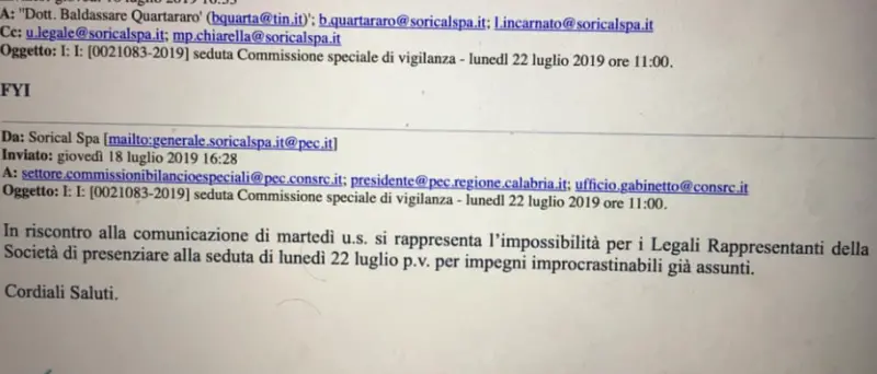Sorical replica a Guccione: «Nostra assenza comunicata via email». E spunta una foto...