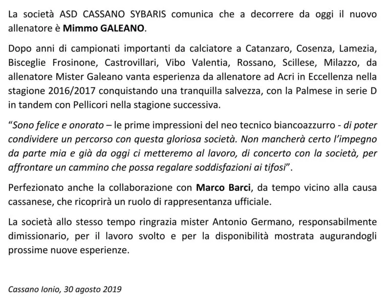 Cassano, addio con mister Germano. Galeano nuovo allenatore