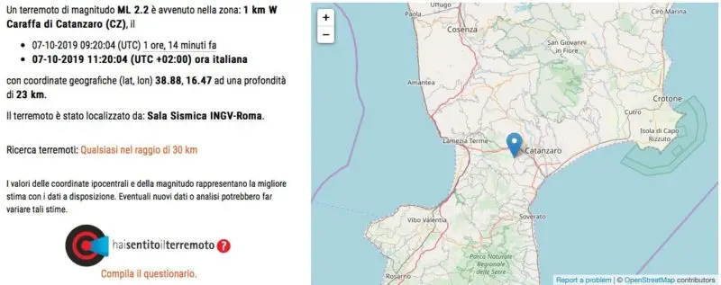 Terza scossa di terremoto vicino Catanzaro: magnitudo ed epicentro