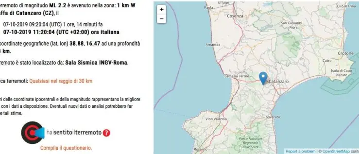 Terza scossa di terremoto vicino Catanzaro: magnitudo ed epicentro