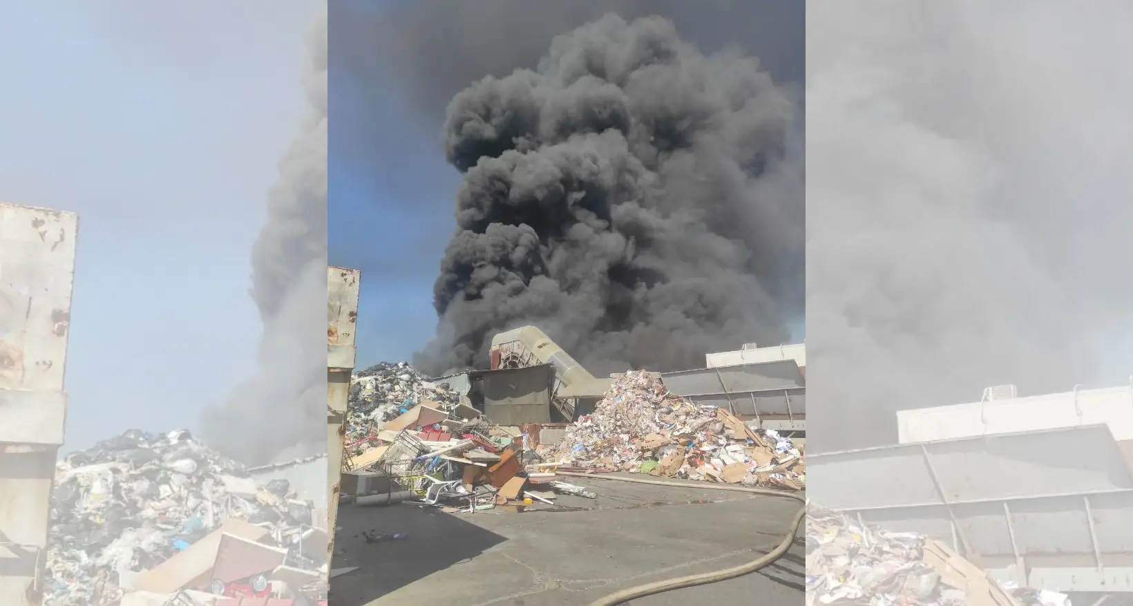 Grosso incendio in\u00A0un capannone di rifiuti a Lamezia: il cielo invaso da un denso fumo nero\n