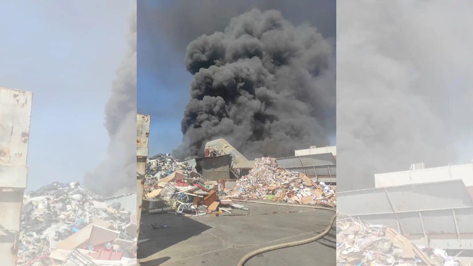 Grosso incendio in\u00A0un capannone di rifiuti a Lamezia: il cielo invaso da un denso fumo nero\n