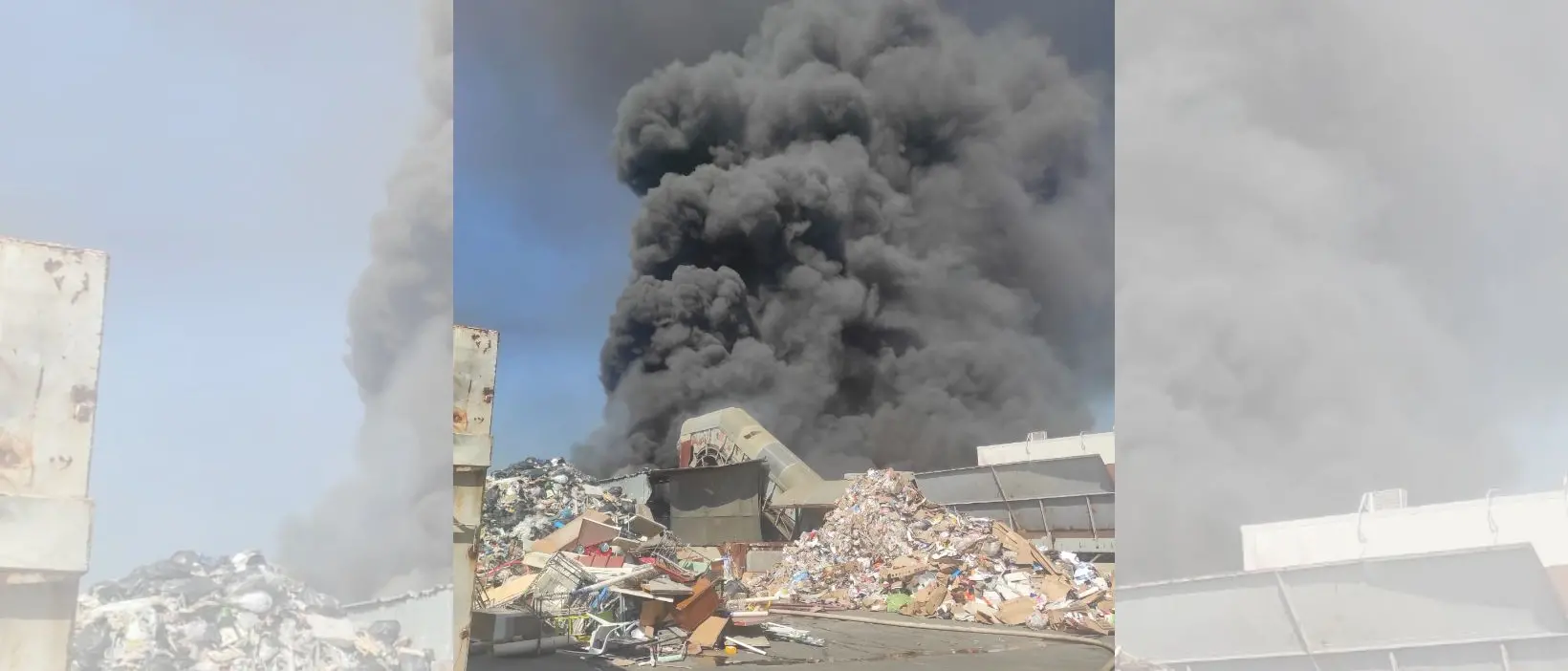 Grosso incendio in\u00A0un capannone di rifiuti a Lamezia: il cielo invaso da un denso fumo nero\n