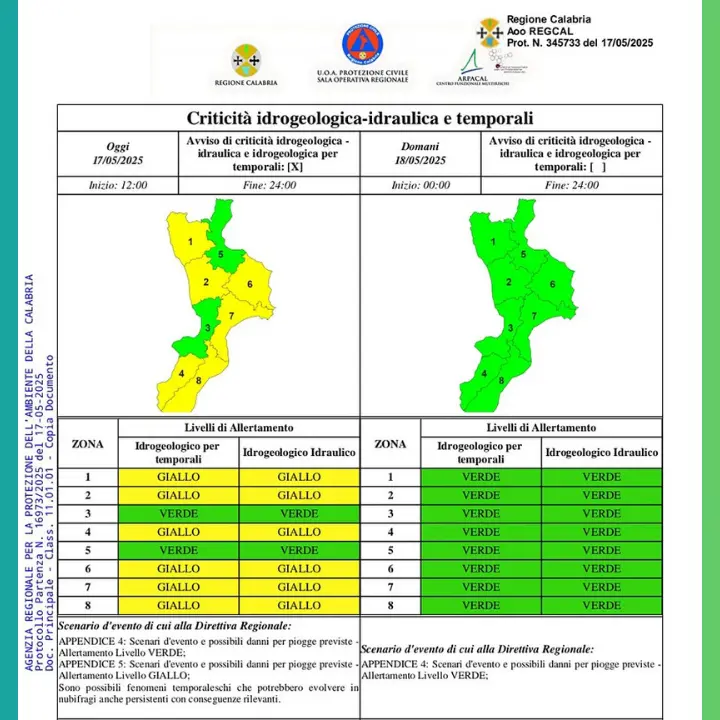 Calabria, allerta gialla per temporali e rischio idrogeologico: attenzione nella giornata di oggi