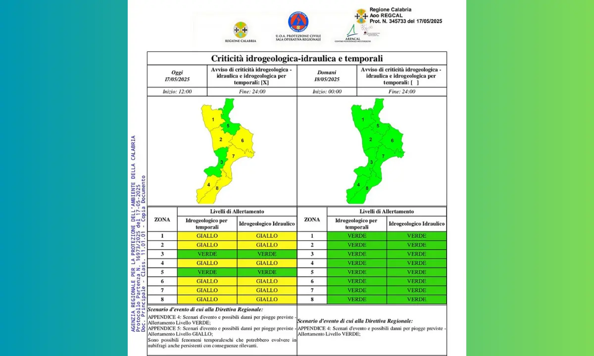 Calabria, allerta gialla per temporali e rischio idrogeologico: attenzione nella giornata di oggi
