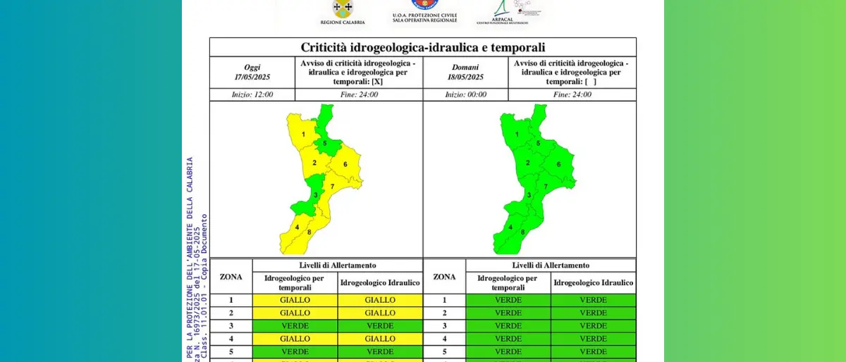 Calabria, allerta gialla per temporali e rischio idrogeologico: attenzione nella giornata di oggi