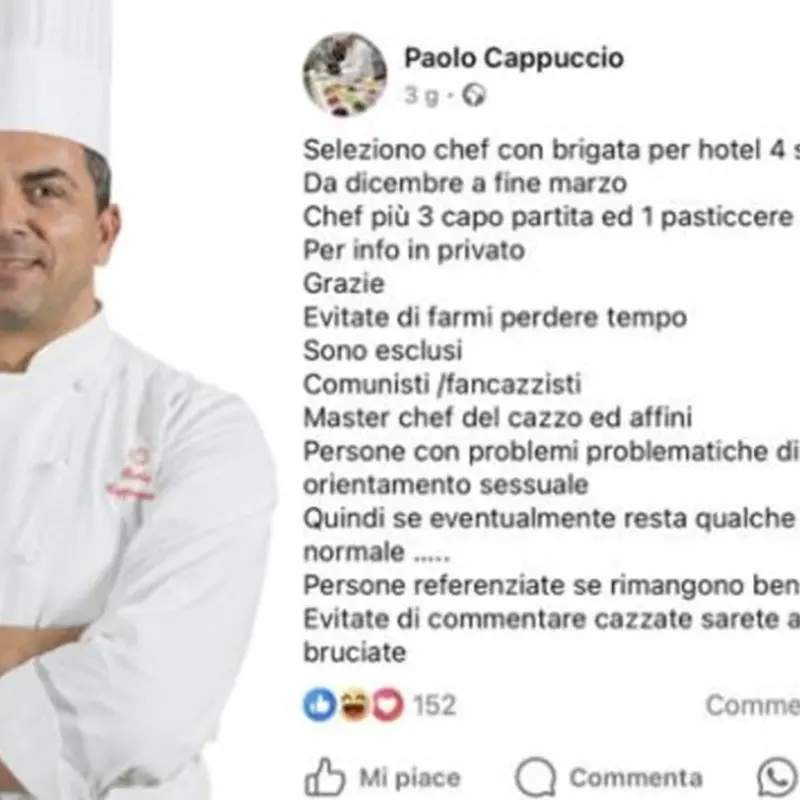 Lo chef Cappuccio nella bufera per il post contro comunisti e omosessuali: «Noi schiavi dei dipendenti»