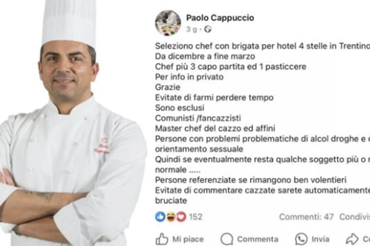 Lo chef Cappuccio nella bufera per il post contro comunisti e omosessuali: «Noi schiavi dei dipendenti»