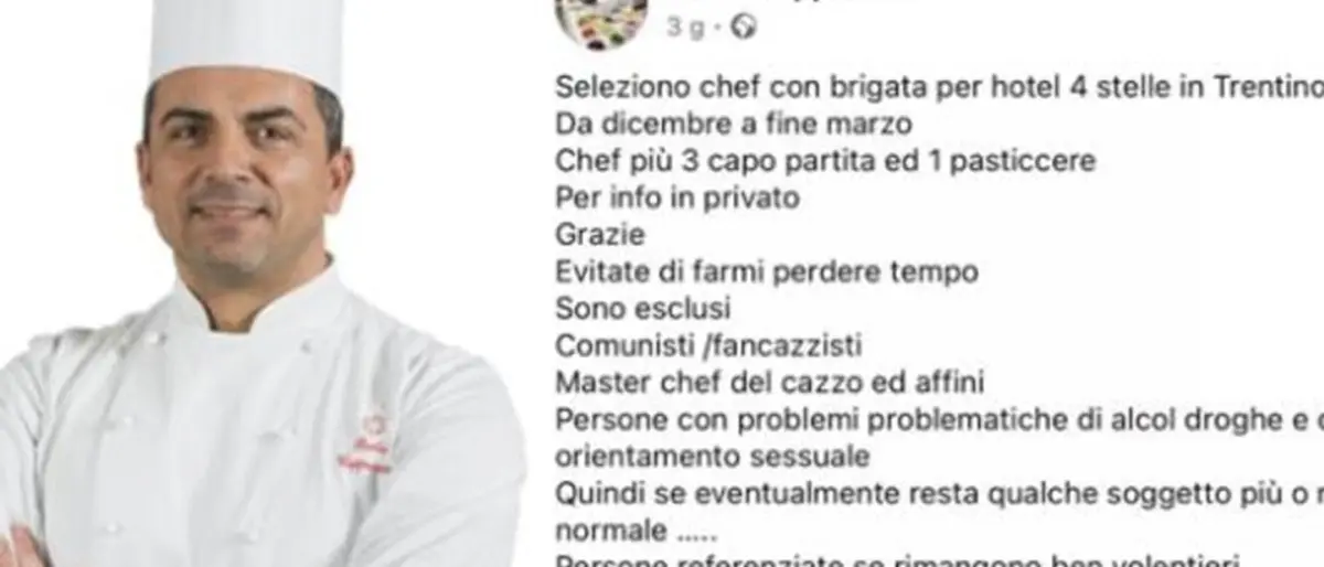 Lo chef Cappuccio nella bufera per il post contro comunisti e omosessuali: «Noi schiavi dei dipendenti»