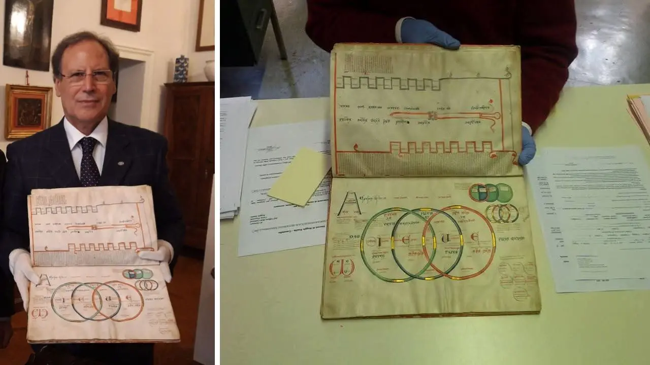 Il presidente del Centro Studi Gioachimiti Giuseppe Riccardo Succurro, nel riquadro il Liber Figurarum conservato a Reggio Emilia