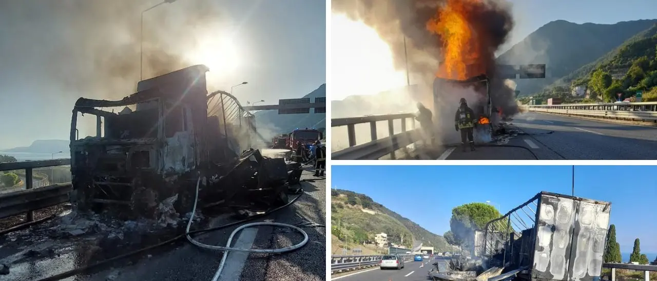 Scilla, camion distrutto dalle fiamme sull’autostrada: illeso il conducente\n