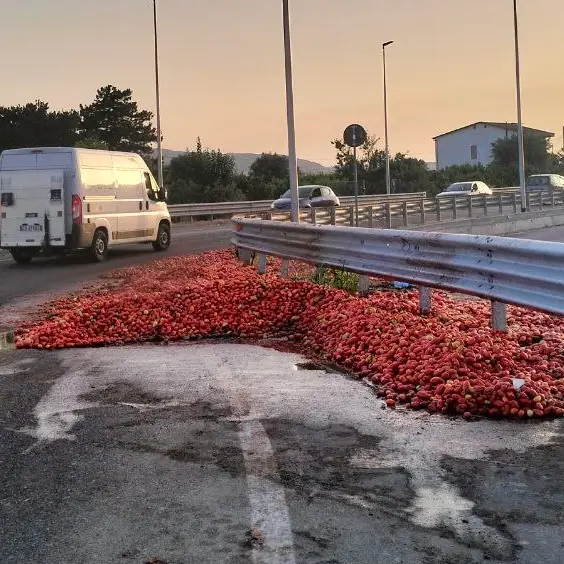Perde il carico di pomodori sulla Statale 106 e fugge: gli automobilisti li raccolgono