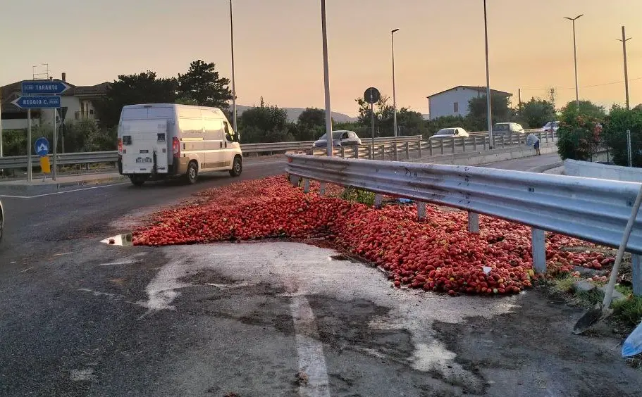 Perde il carico di pomodori sulla Statale 106 e fugge: gli automobilisti li raccolgono