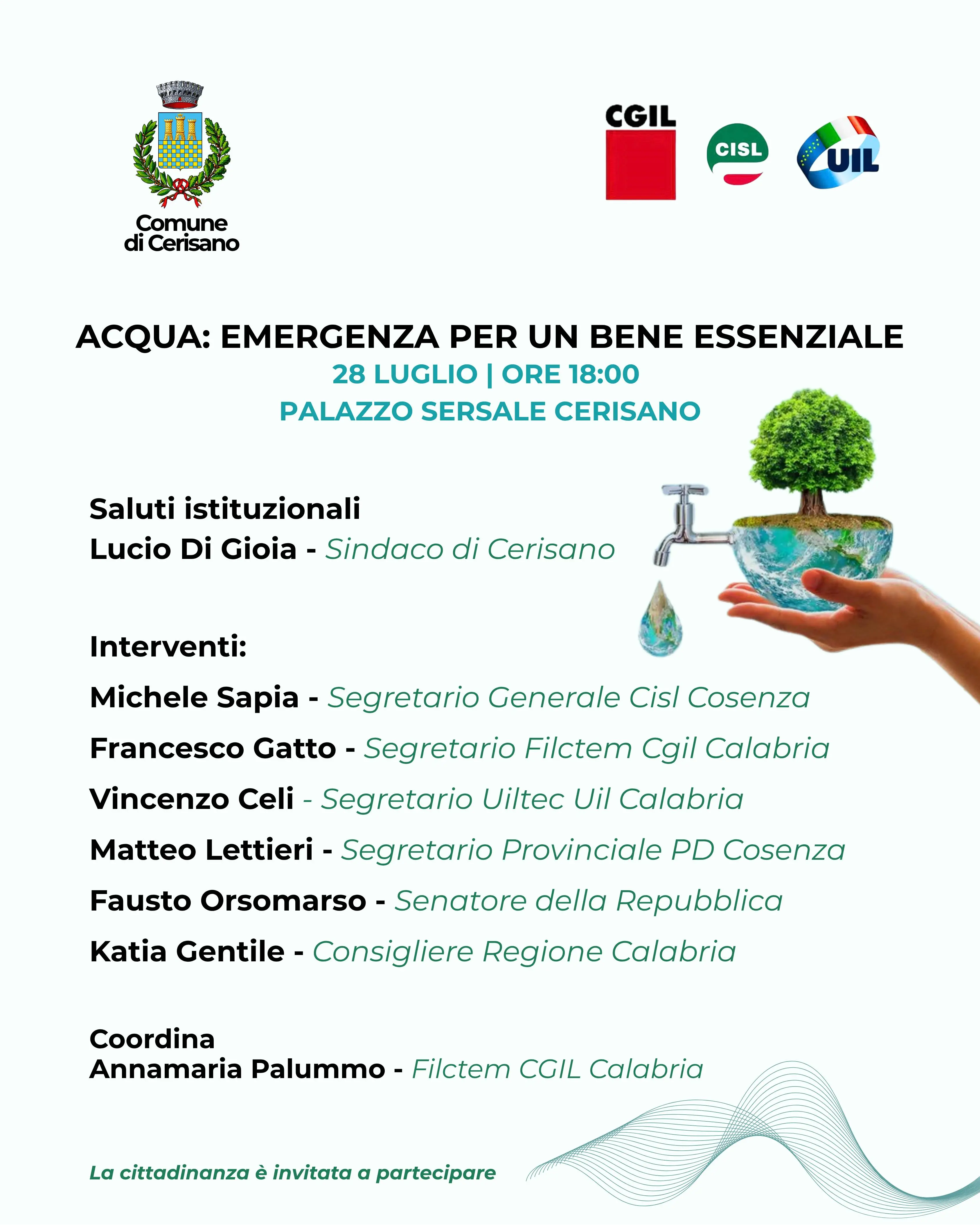 A Cerisano si discute dell’acqua come bene essenziale: politici e sindacati a confronto\n