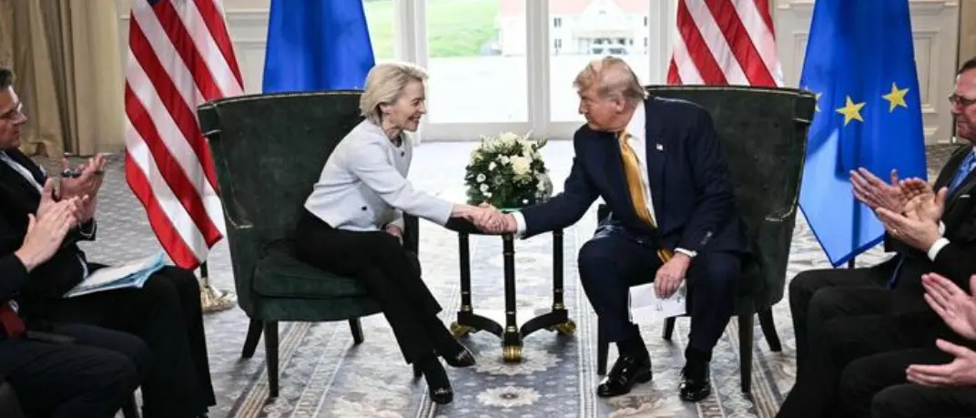 Dazi, accordo tra Trump e von der Leyen: «Tariffe al 15%». Per acciaio e alluminio niente da fare: resteranno\u00A0al 50%\u00A0\n