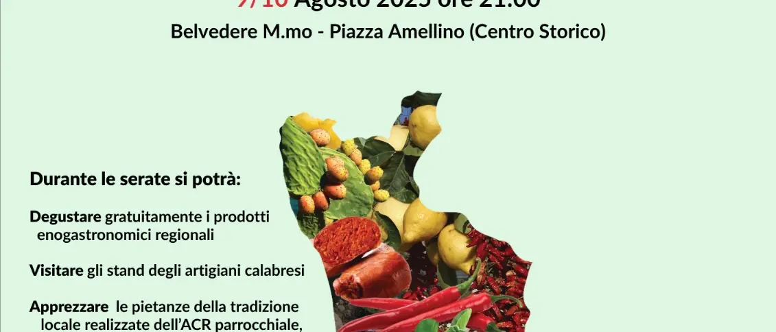 Belvedere Marittimo, torna la Fiera delle Eccellenze Calabresi: enogastronomia, artigianato e musica nel cuore del borgo tirrenico\n