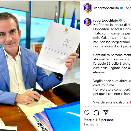 «Ho firmato la lettera di dimissioni»: sui social l’annuncio di Occhiuto che attacca «oppositori, sciacalli e odiatori»