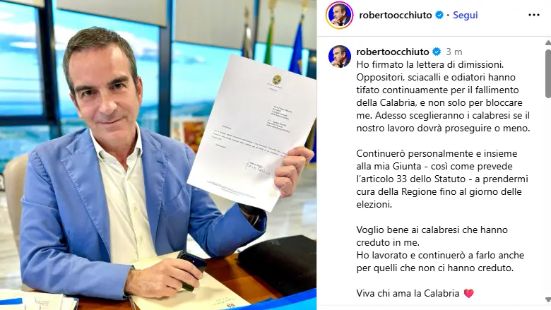 «Ho firmato la lettera di dimissioni»: sui social l’annuncio di Occhiuto che attacca «oppositori, sciacalli e odiatori»