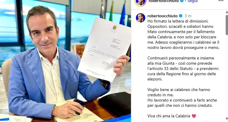 «Ho firmato la lettera di dimissioni»: sui social l’annuncio di Occhiuto che attacca «oppositori, sciacalli e odiatori»\n