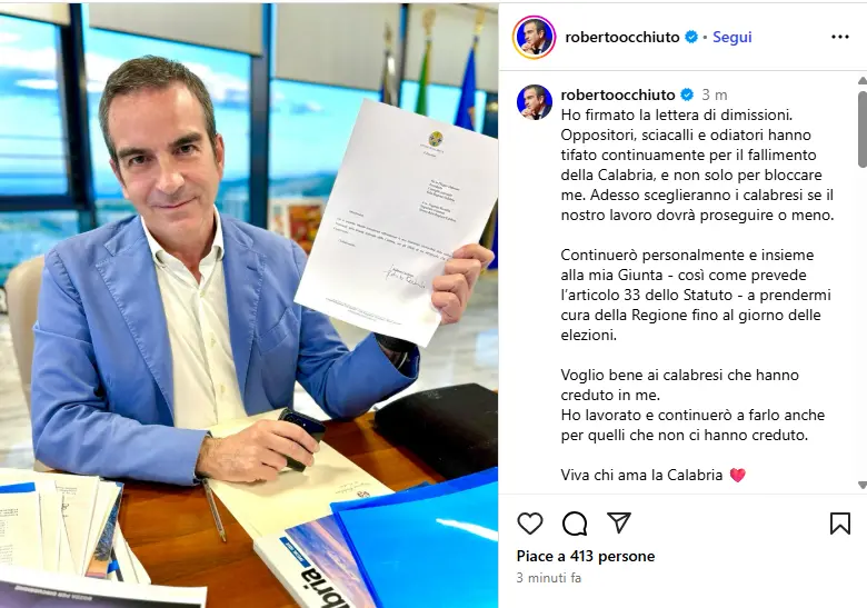 «Ho firmato la lettera di dimissioni»: sui social l’annuncio di Occhiuto che attacca «oppositori, sciacalli e odiatori»\n