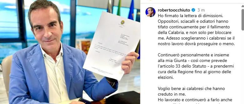 «Ho firmato la lettera di dimissioni»: sui social l’annuncio di Occhiuto che attacca «oppositori, sciacalli e odiatori»\n