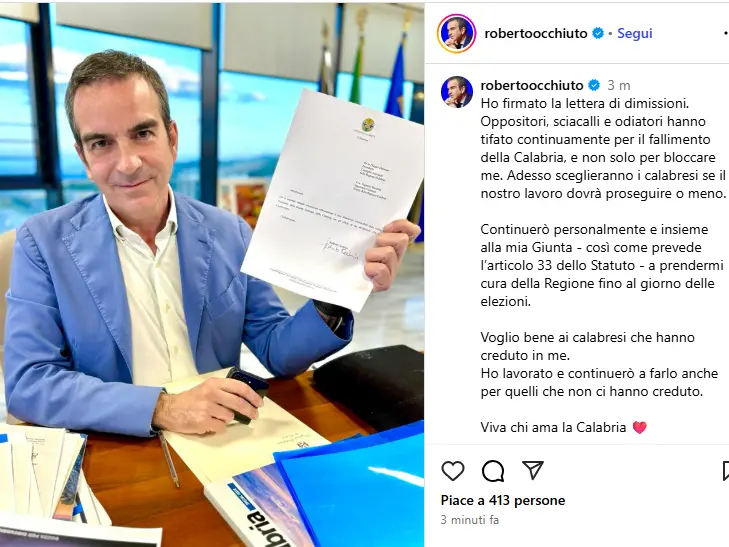 «Ho firmato la lettera di dimissioni»: sui social l’annuncio di Occhiuto che attacca «oppositori, sciacalli e odiatori»