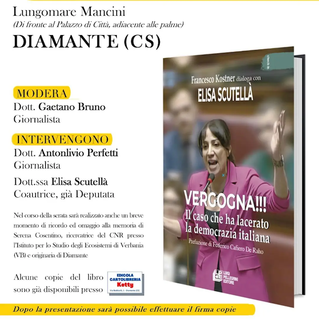 Diamante, il 7 agosto la presentazione del libro\u00A0“ Vergogna!!! Il caso che ha lacerato la democrazia italiana”\n