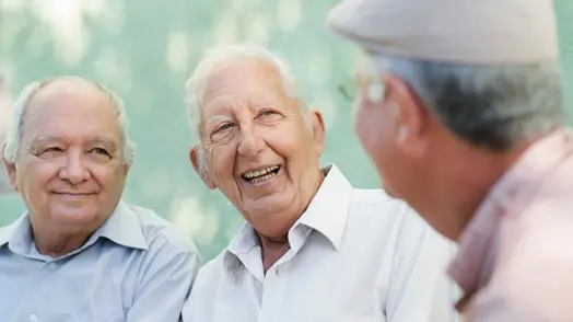 Group of happy elderly men laughing and talking