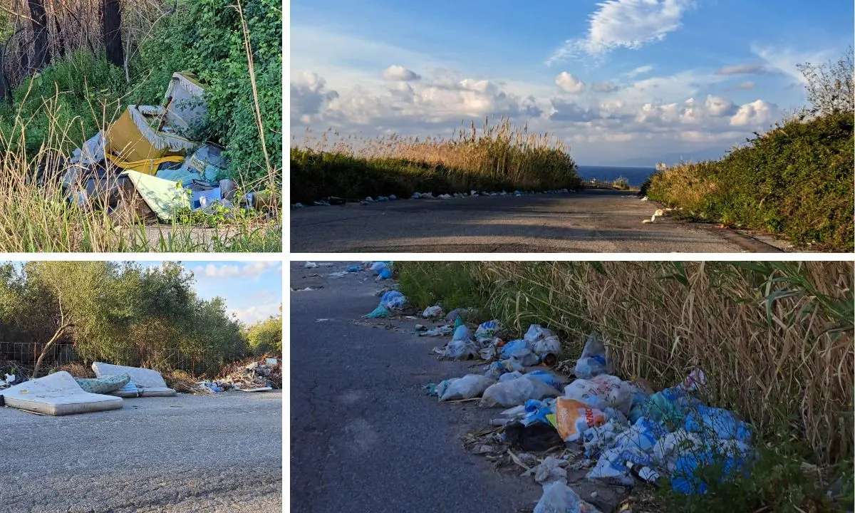 Il blu del mare vibonese, il golfo di Sant’Eufemia sullo sfondo e… una strada piena di rifiuti - Foto