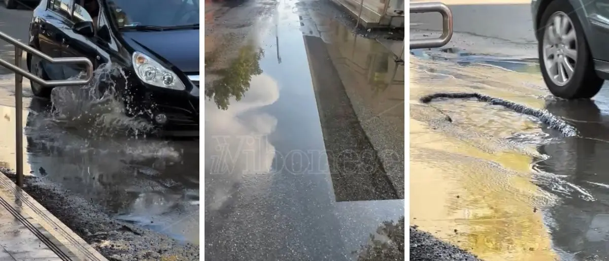 Stazione di Vibo-Pizzo, una “piscina” accoglie i viaggiatori: perdita d’acqua e maxi buca davanti all’ingresso – Video