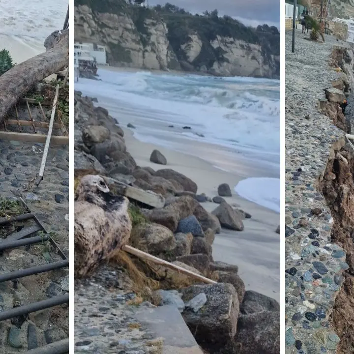 Tropea, il vento e il mare in burrasca fanno crollare (ancora) parte della bretella pedonale del lungomare Sorrentino