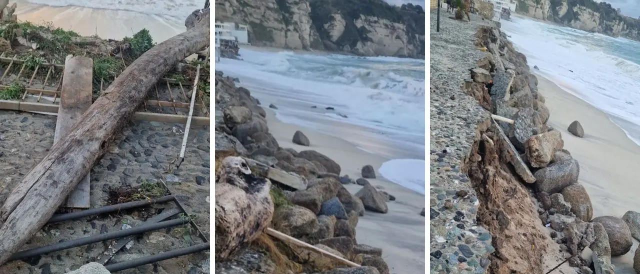 Tropea, il vento e il mare in burrasca fanno crollare (ancora) parte della bretella pedonale del lungomare Sorrentino