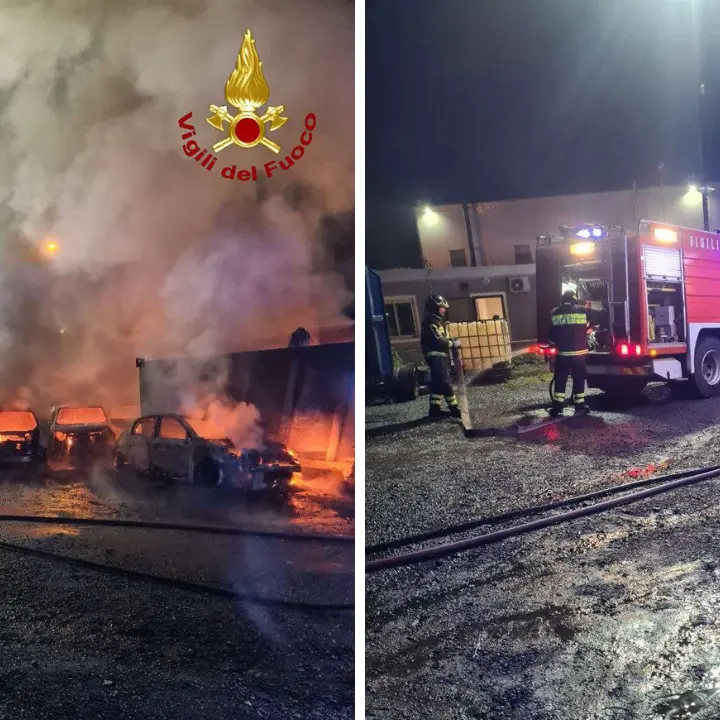 Incendio a Vibo, 10 auto in fiamme nel cuore della notte in località Aeroporto: vigili del fuoco impegnati per ore, si indaga sulla matrice dolosa