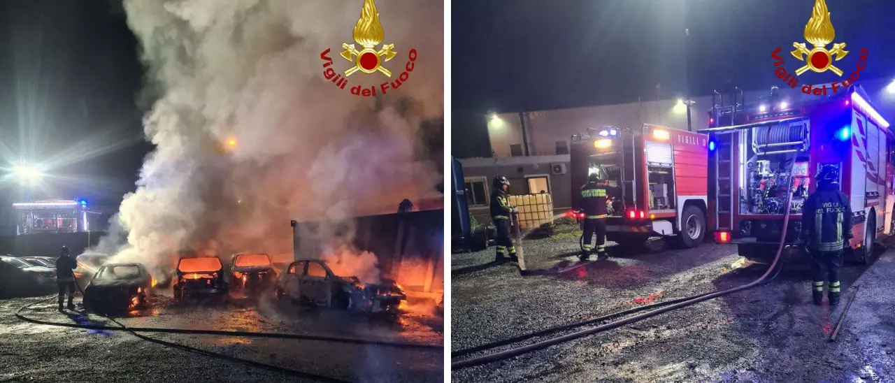 Incendio a Vibo, 10 auto in fiamme nel cuore della notte in località Aeroporto: vigili del fuoco impegnati per ore, si indaga sulla matrice dolosa