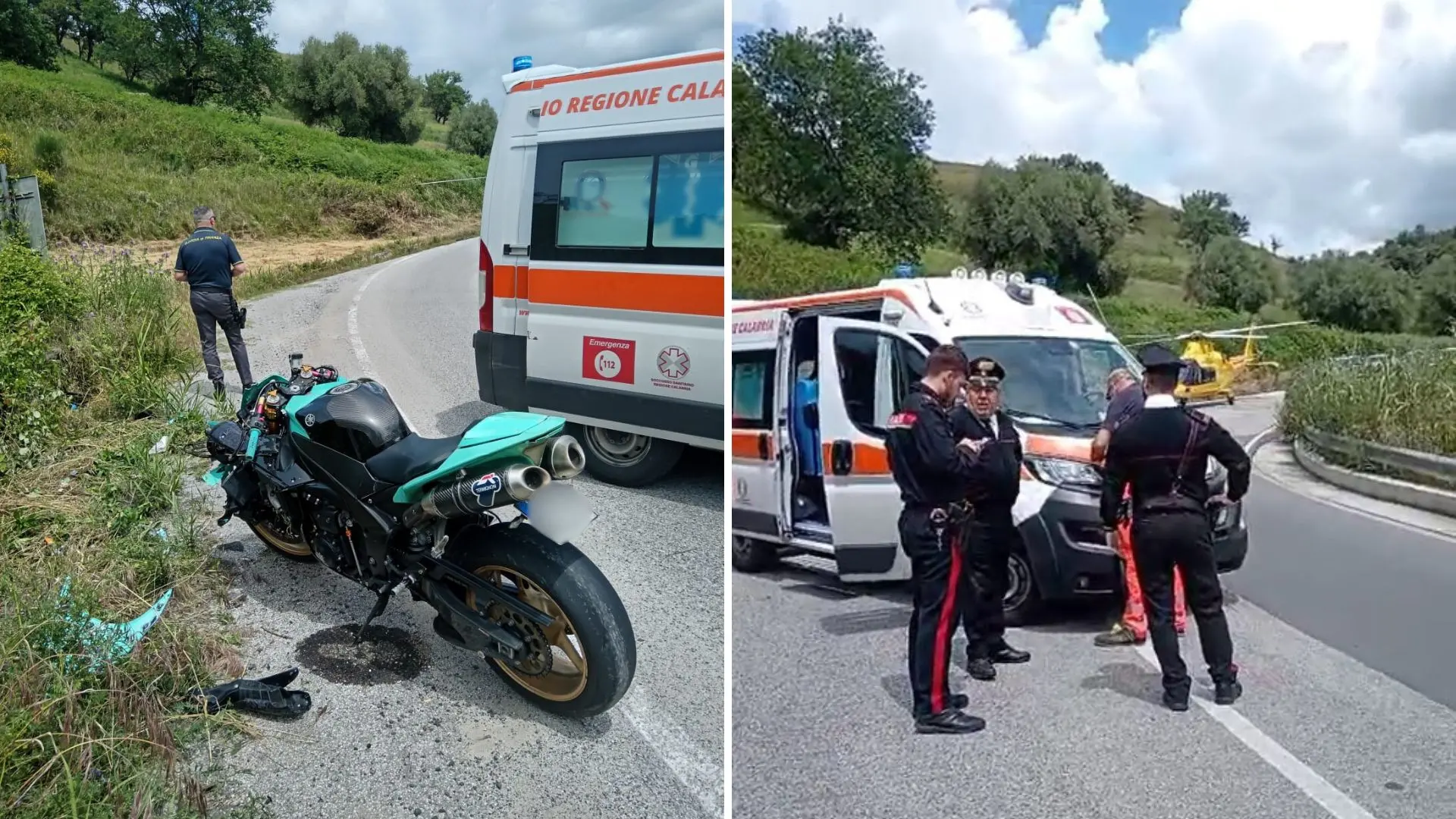 Incidente a Gerocarne, perde il controllo della moto e cade: trasportato con l'elisoccorso a Catanzaro