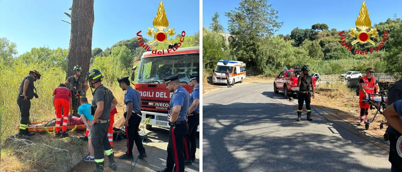 Cade in un profondo dirupo a Ricadi, i vigili del fuoco lo raggiungono e lo salvano inerpicandosi per 30 metri fino all’ambulanza