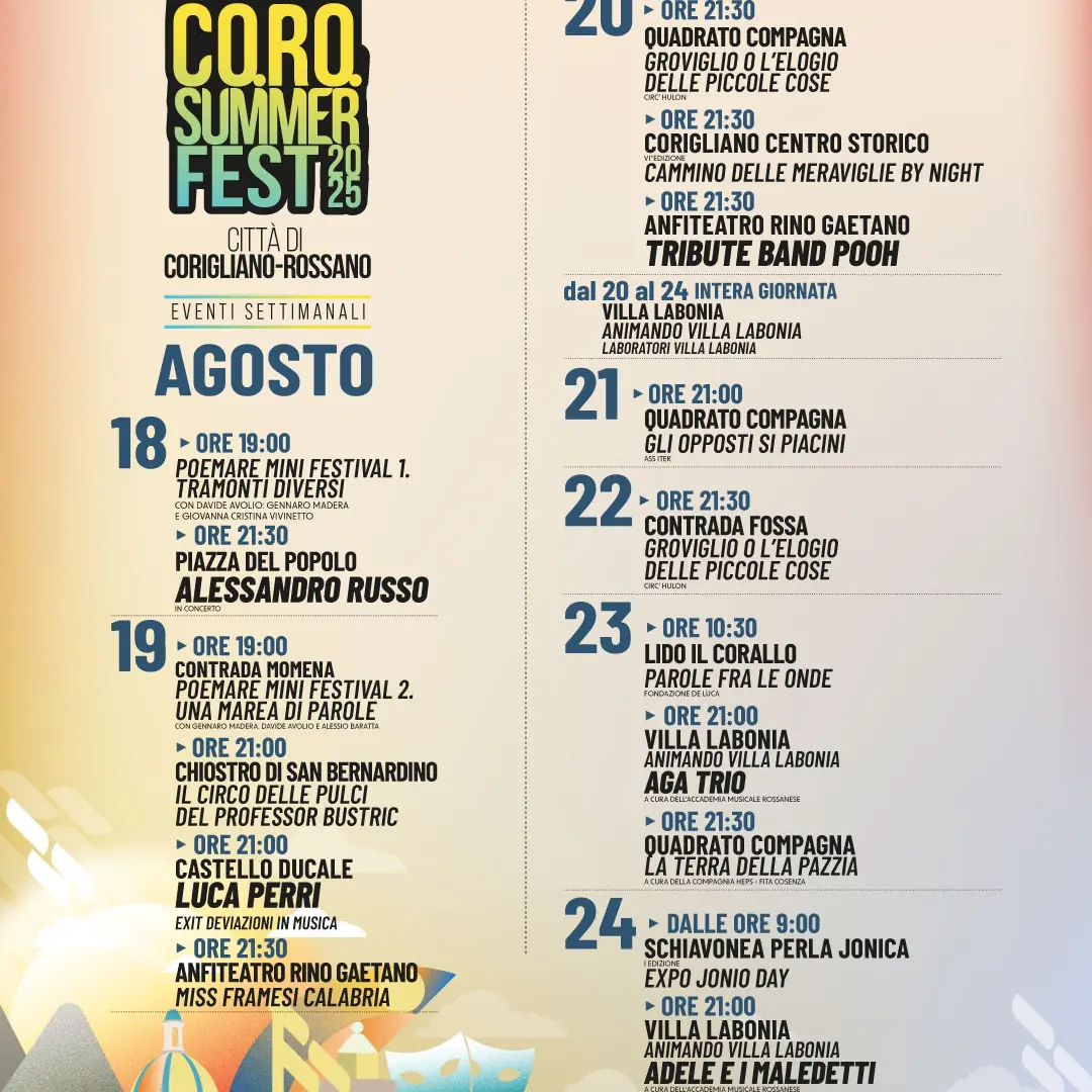 CoRo Summer Fest 2025, una settimana di musica, teatro e cultura dal 19 al 24 agosto\n