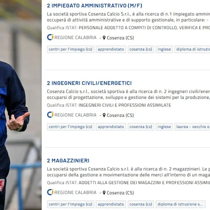 Il Cosenza Calcio torna sul mercato: cerca... ingegneri, magazzinieri e impiegati sul portale della Regione\n
