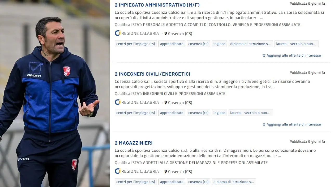Il Cosenza Calcio torna sul mercato: cerca... ingegneri, magazzinieri e impiegati sul portale della Regione\n