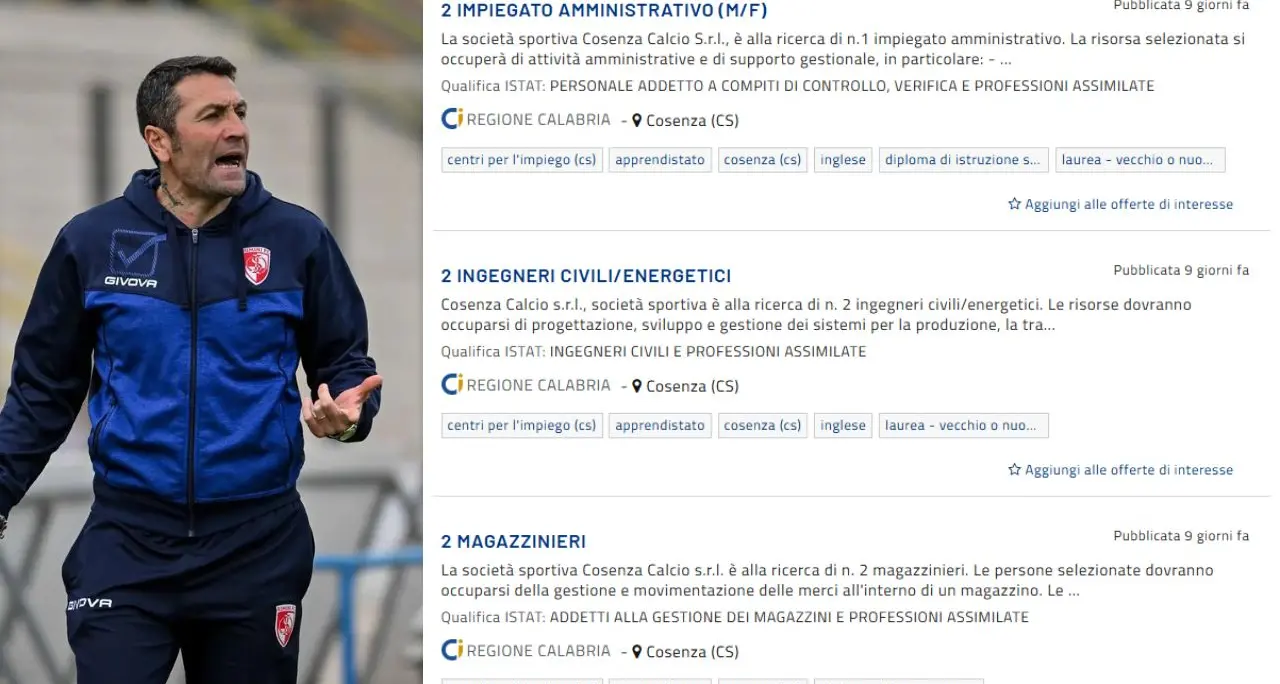 Il Cosenza Calcio torna sul mercato: cerca... ingegneri, magazzinieri e impiegati sul portale della Regione\n