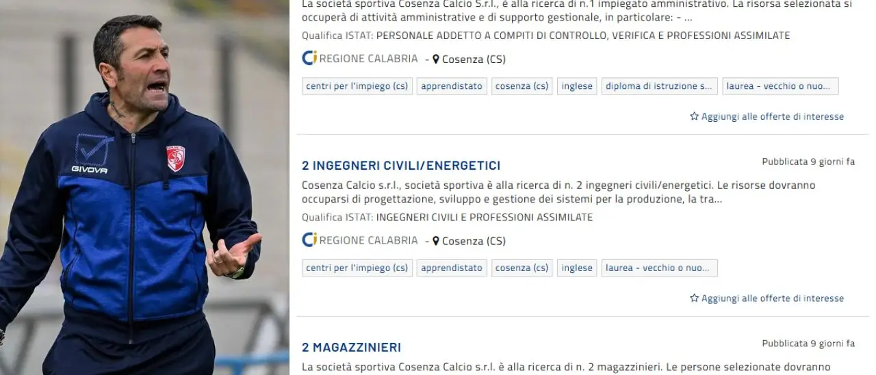 Il Cosenza Calcio torna sul mercato: cerca... ingegneri, magazzinieri e impiegati sul portale della Regione\n