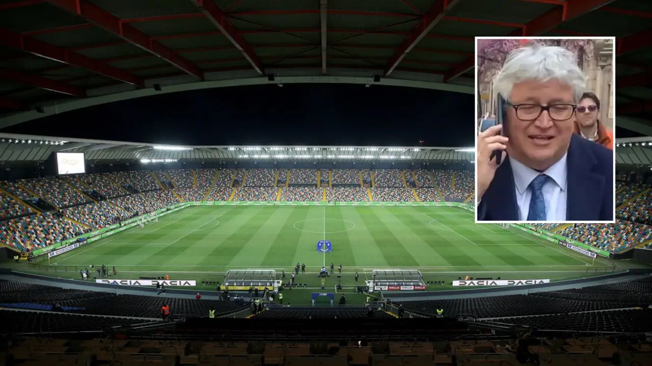 Lo stadio di Udine, nel riquadro il sindaco Alberto Felice De Toni