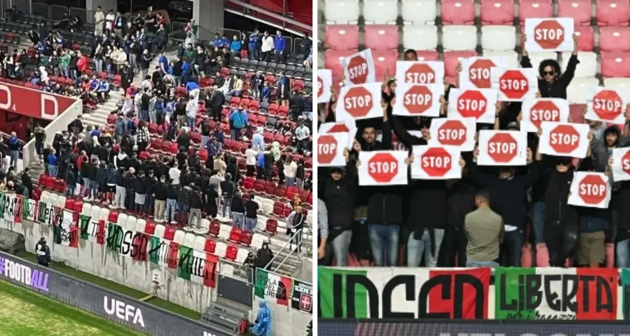 Tifosi italiani protestano durante l’inno di Israele: spalle al campo e cartelli “Stop genocidio”\n