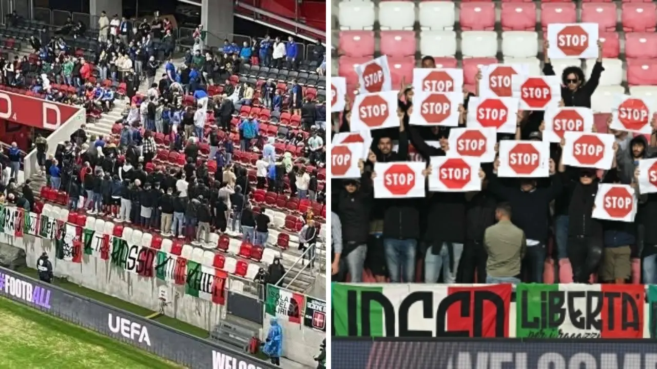 Tifosi italiani protestano durante l’inno di Israele: spalle al campo e cartelli “Stop genocidio”\n