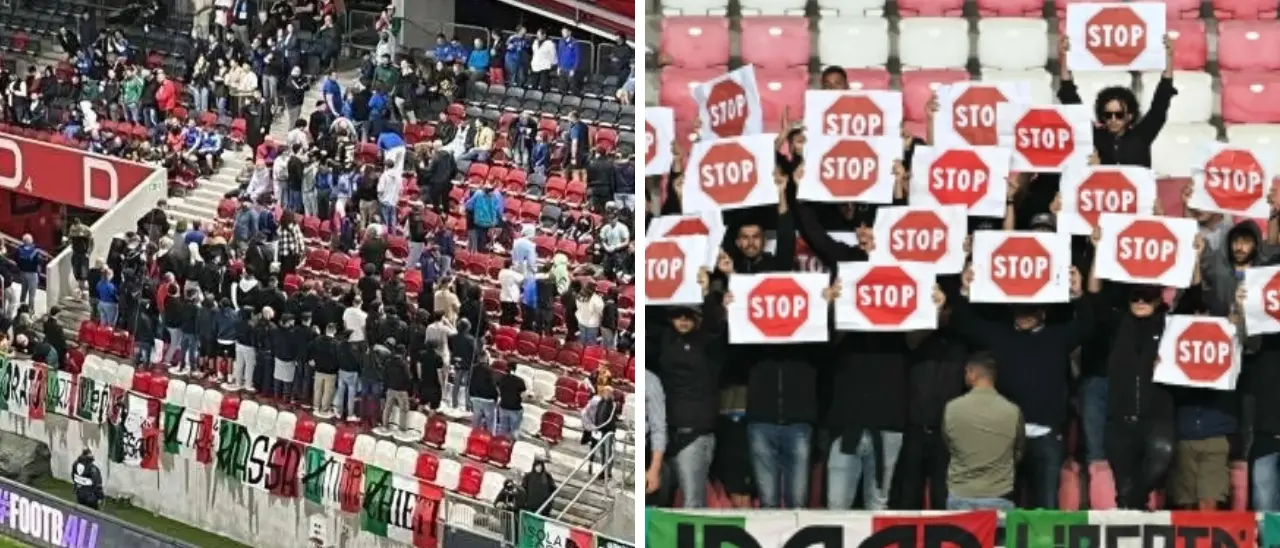 Tifosi italiani protestano durante l’inno di Israele: spalle al campo e cartelli “Stop genocidio”\n