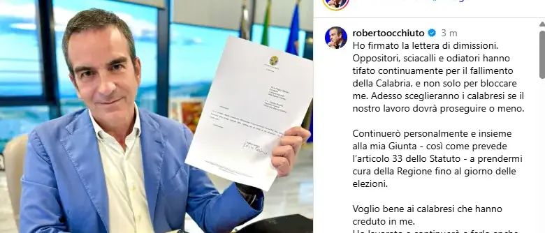 «Ecco le mie dimissioni. Sciacalli e odiatori tifano per il fallimento della Calabria»: l'annuncio di Occhiuto sui social