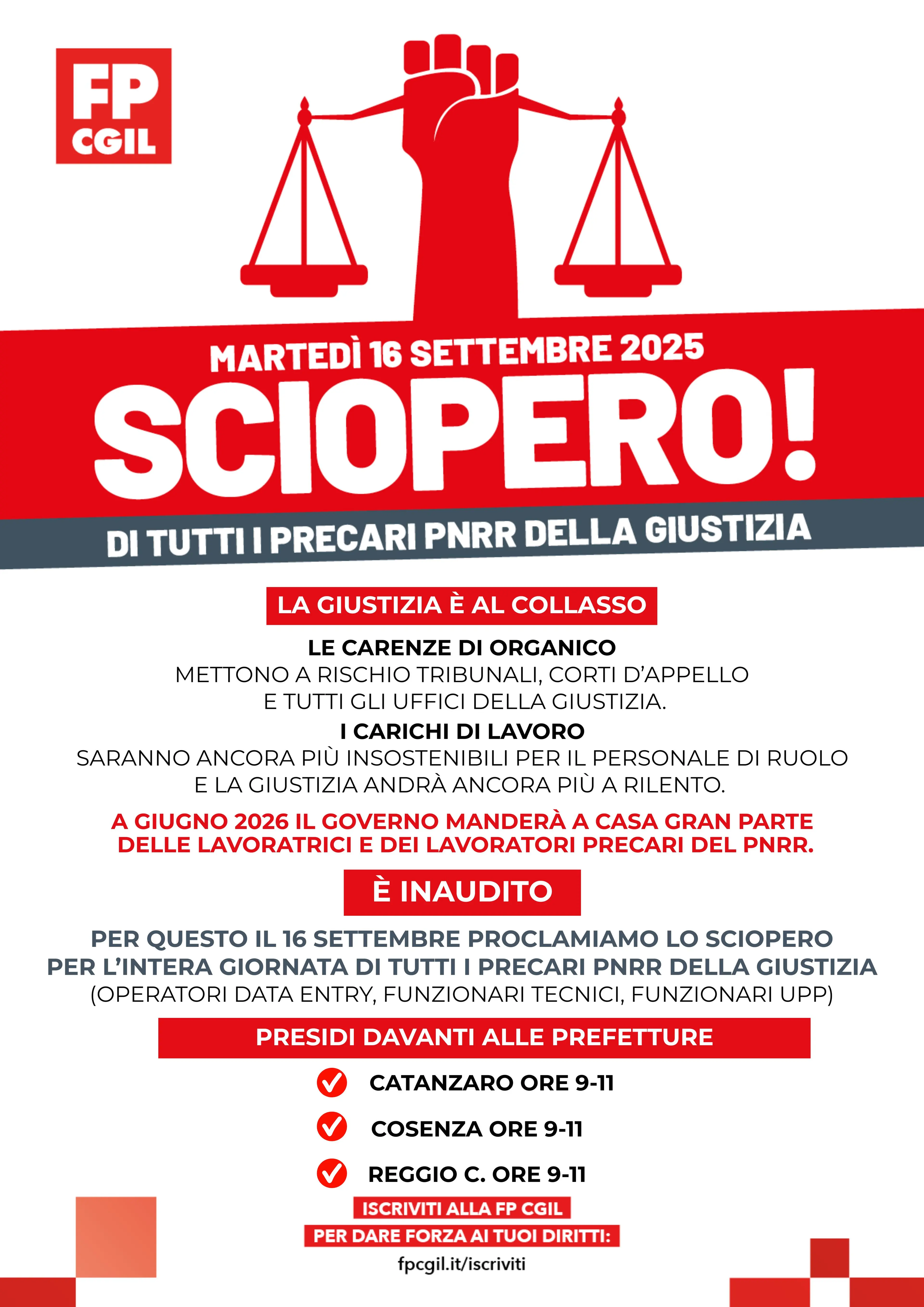 Precari della giustizia in sciopero, in Calabria presidi davanti alle prefetture di Catanzaro, Cosenza e Reggio\n