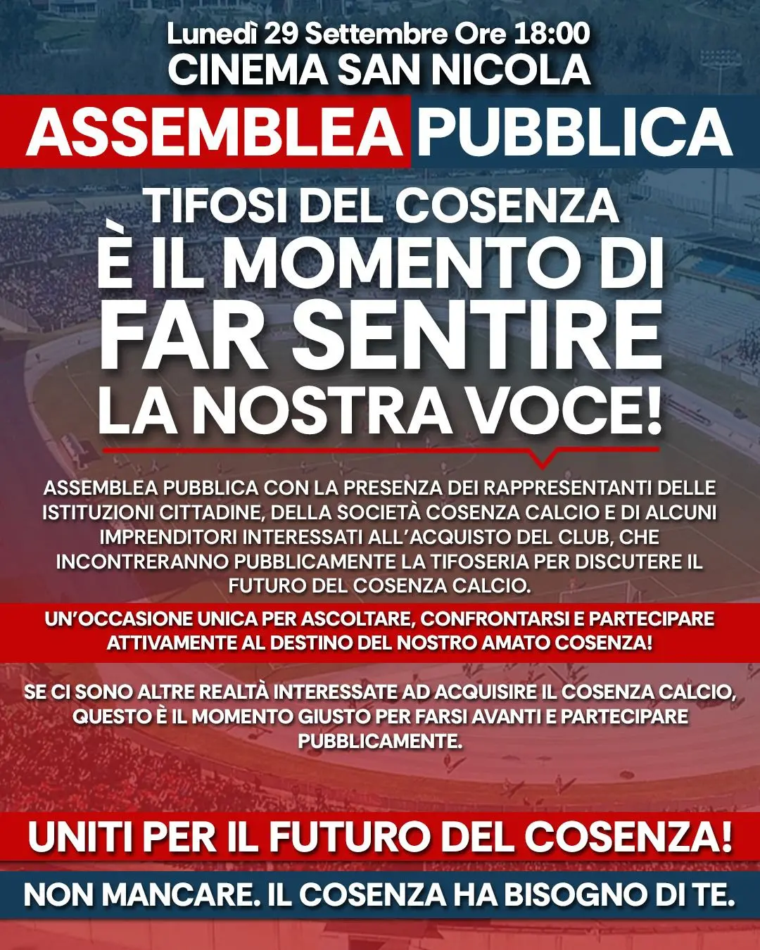 Cosenza Calcio, assemblea pubblica per i tifosi lunedì 29 settembre